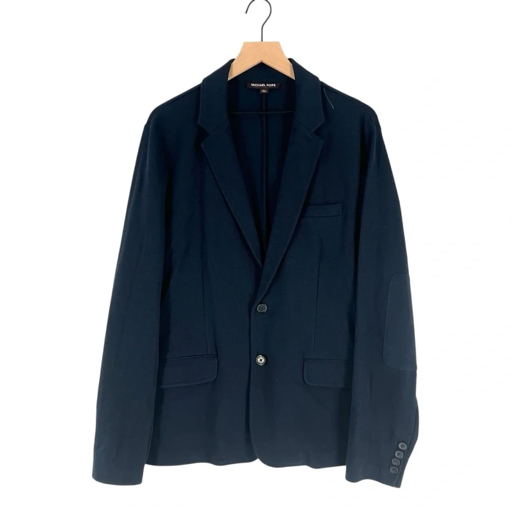 Michael Kors Men's Classic Navy Knit 2 Button‎ Blazer Elbow Patches Size L